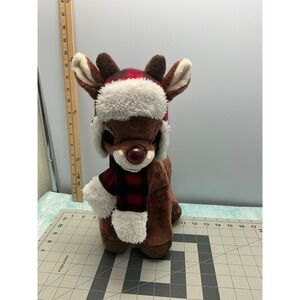 Rudolph Red-Nosed Reindeer Plush Buffalo Plaid Trapper Hat Scarf Christmas 14in
